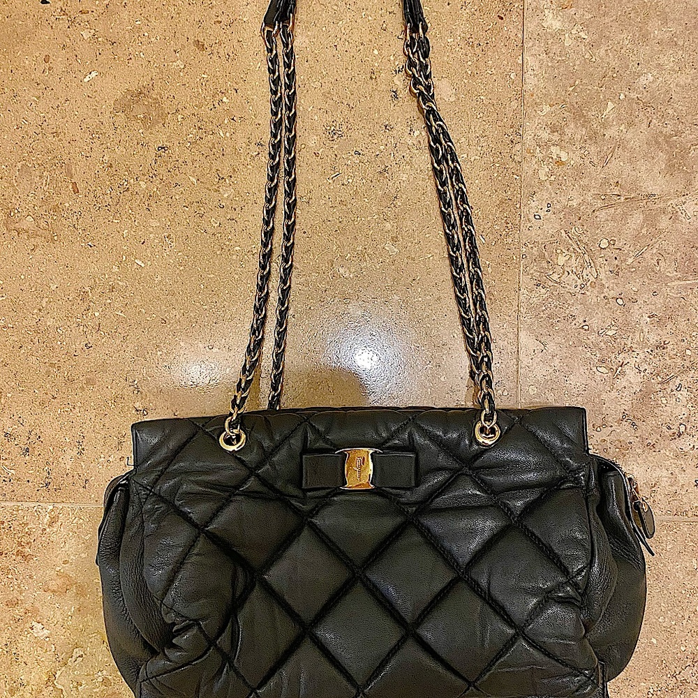 Salvatore Ferragamo Black Quilted Leather Shoulder Bag with Chain Straps